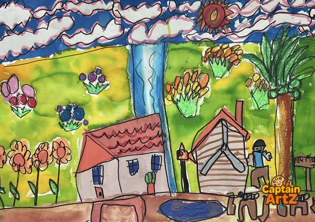 The Cottage, Windmill, and Garden – Kids Art by Captain (Age 5), Cartoons, by Captain ArtZ
