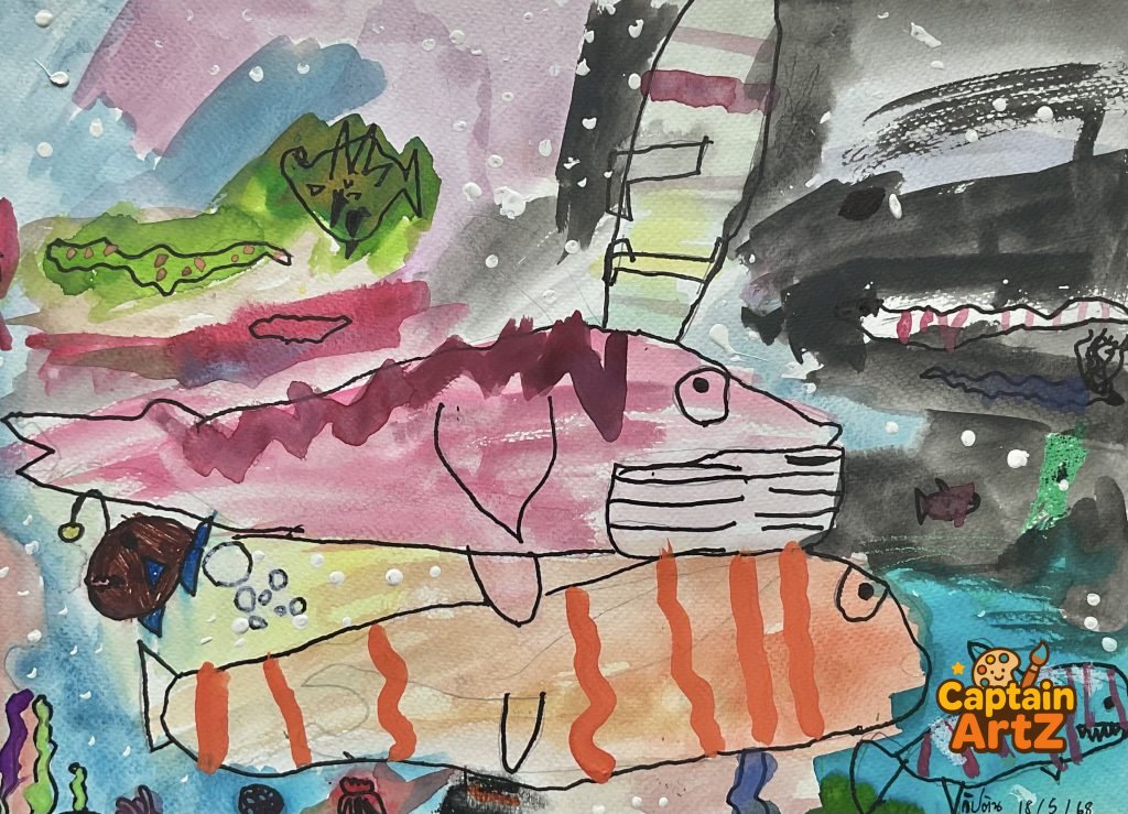The Giant Fish of the Deep Blue – Kids Art by Captain (Age 5), Animals, by Captain ArtZ