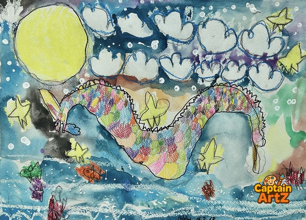 The Great Rainbow Sea Serpent – Kids Art Mixed Media Painting by Captain, Cartoons, by Captain ArtZ