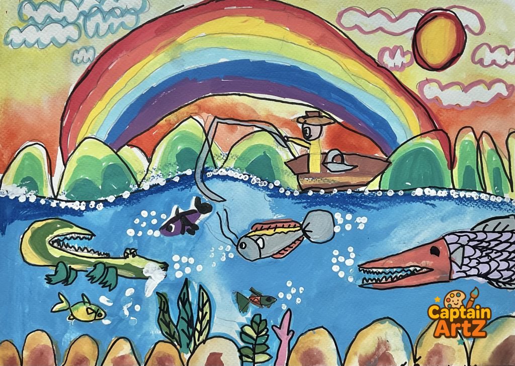Fishing Under the Giant Rainbow – Kids Art by Captain (Age 5), Cartoons, by Captain ArtZ
