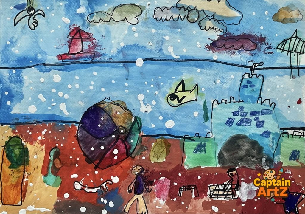 The Giant Beach Ball & Sandcastle – Kids Art by Captain (Age 5), Cartoons, by Captain ArtZ
