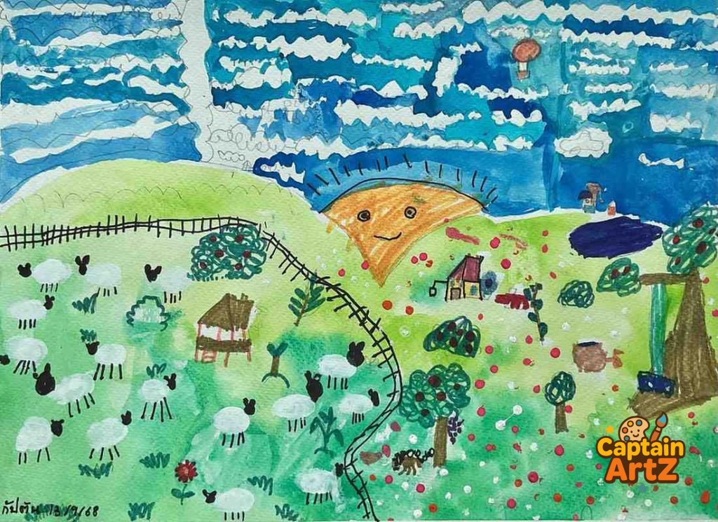 The Happy Sheep Farm – Kids Art Mixed Media by Captain (Age 5), Cartoons, by Captain ArtZ