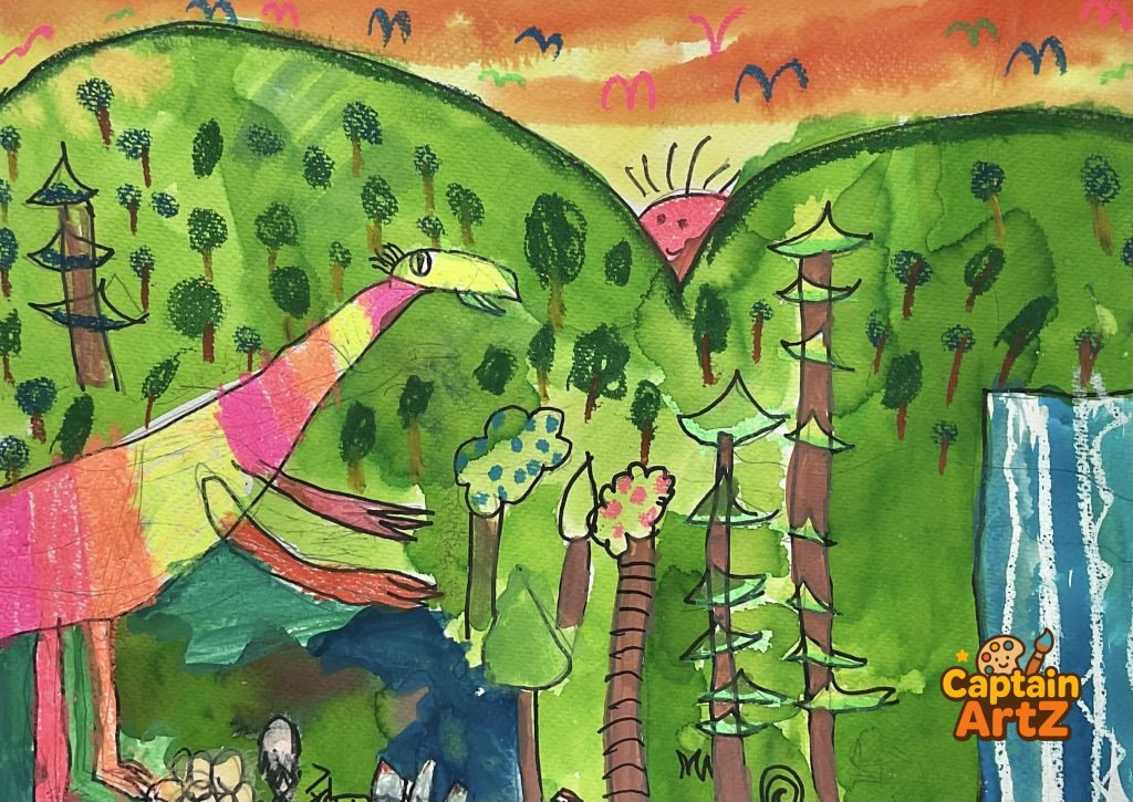 The Happy Rainbow Dinosaur & The Hidden Waterfall – Kids Art by Captain, Cartoons, by Captain ArtZ
