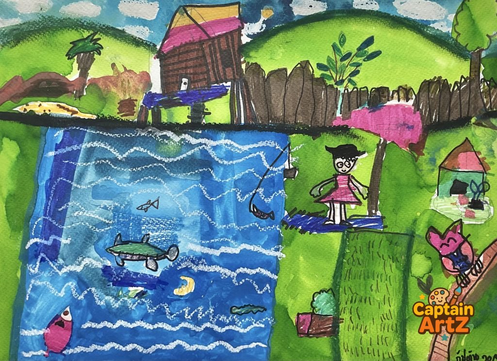 The Girl by the Blue River – Kids Art by Captain (Age 5), Cartoons, by Captain ArtZ