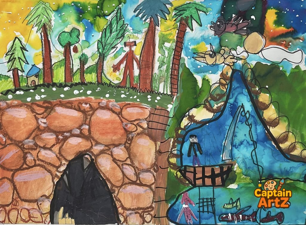 The Great Land, Cave, and Sea Adventure – Kids Art by Captain (Age 5), Cartoons, by Captain ArtZ