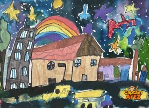 Rainbow Night Over the City – Kids Art by Captain (Age 5)
