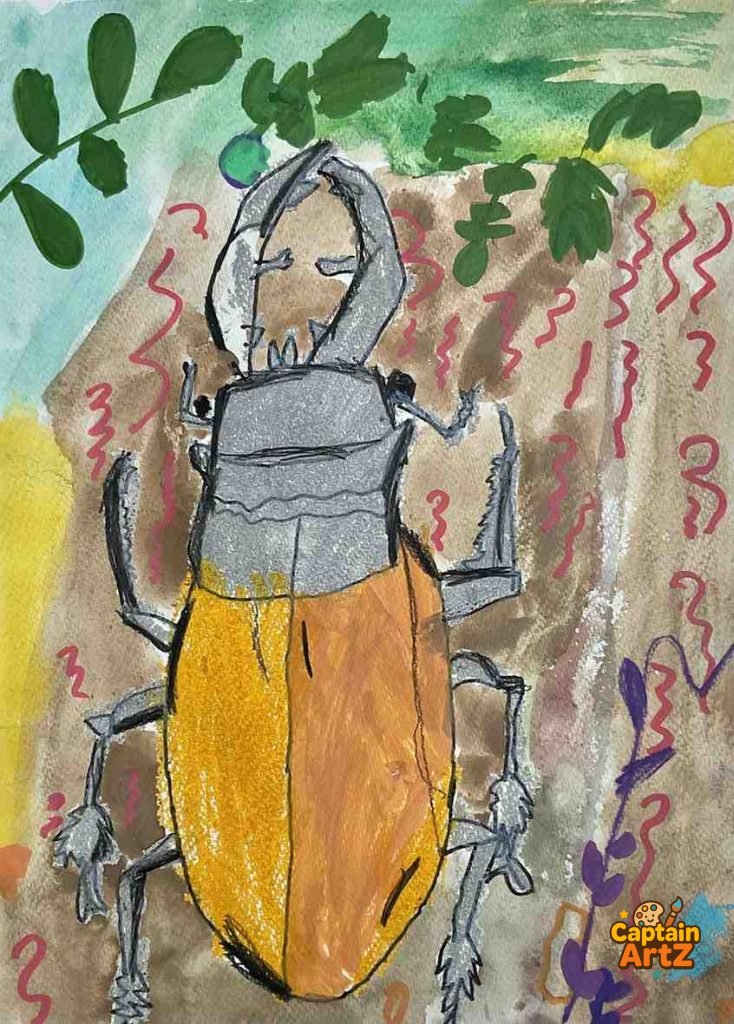 The Mighty Stag Beetle – Kids Art Mixed Media by Captain (Age 5), Animals, by Captain ArtZ