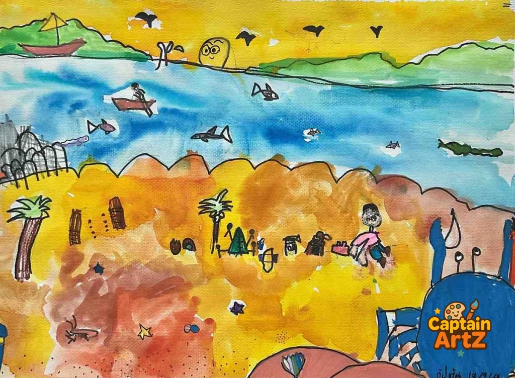 Sunset Beach Adventure – Kids Art Watercolor Painting by Captain (Age 5), Imagination, by Captain ArtZ