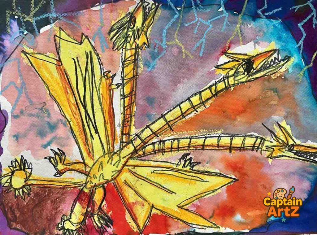 King Ghidorah’s Storm – Kids Art Dragon Drawing by Captain (Age 5), Cartoons, by Captain ArtZ