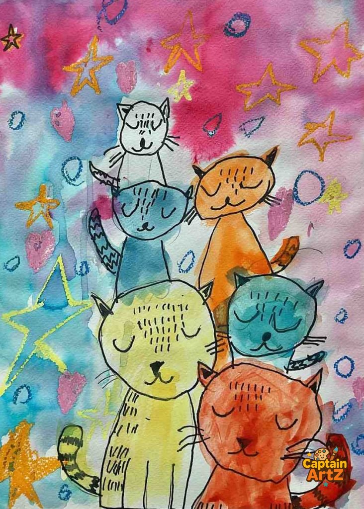 Galaxy of Cats – Whimsical Kids Art Painting by Captain (Age 5), Animals, by Captain ArtZ