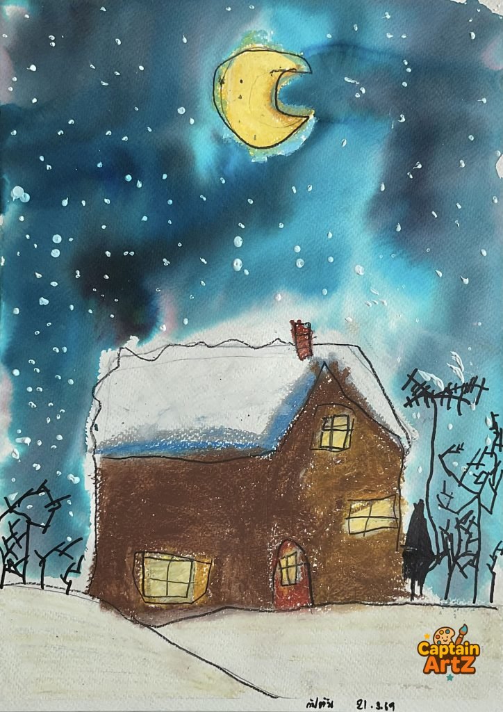 The Warm Cabin Under a Celestial Sky – Kids Art by Captain (Age 5), Cartoons, by Captain ArtZ