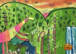 The Happy Rainbow Dinosaur & The Hidden Waterfall – Kids Art by Captain