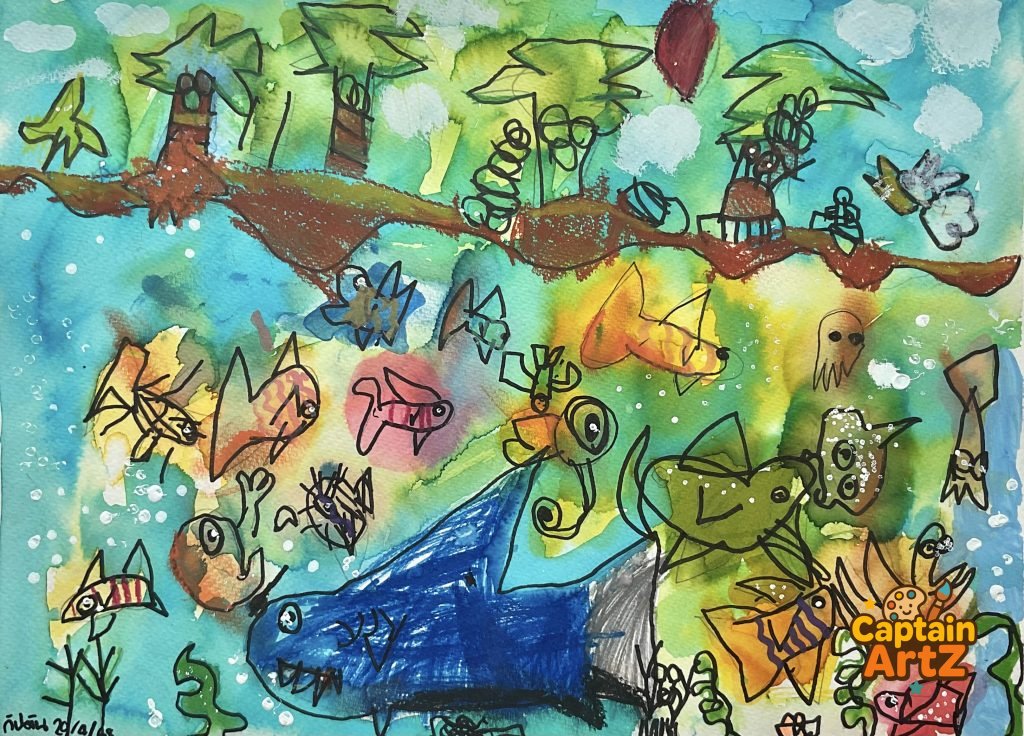 The Island & The Great Blue Shark – Kids Art by Captain (Age 5), Cartoons, by Captain ArtZ