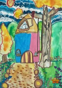 The Colorful Cottage – Kids Art Watercolor Painting by Captain (Age 5)