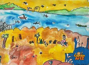 Sunset Beach Adventure – Kids Art Watercolor Painting by Captain (Age 5)