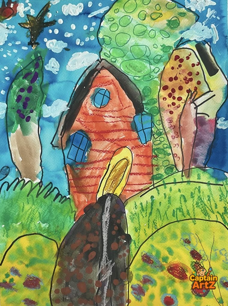 The Enchanted Orange Cottage – Kids Art by Captain (Age 5), Cartoons, by Captain ArtZ